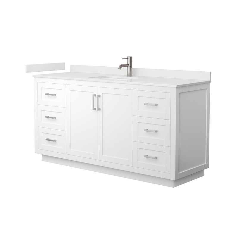 Meuble-lavabo simple autoportant de 66 po avec plateau en quartz Miranda, Quartz blanc, Blanc, Nickel brossé