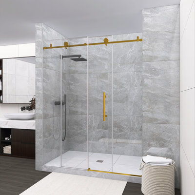 Brushed Gold Frameless Shower Door 56-60"W X 76"H, 6mm Clear Tempered Glass With Explosion-Proof Film