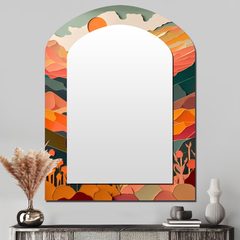 Sublime Sun Soaked Simplicity II - Minimalism Asymmetrical Mirror, Orange Arch Decorative Wall Mirror, Printed Metal Art