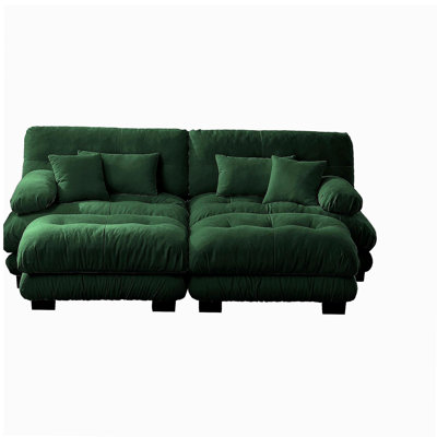 Canapé-lit Cloud pour le salon, canapé 2 places en chenille avec 2 coussins lombaires et 2 coussins décoratifs, canapé rembourré à accoudoirs larges avec 2 repose-pieds, vert chenille