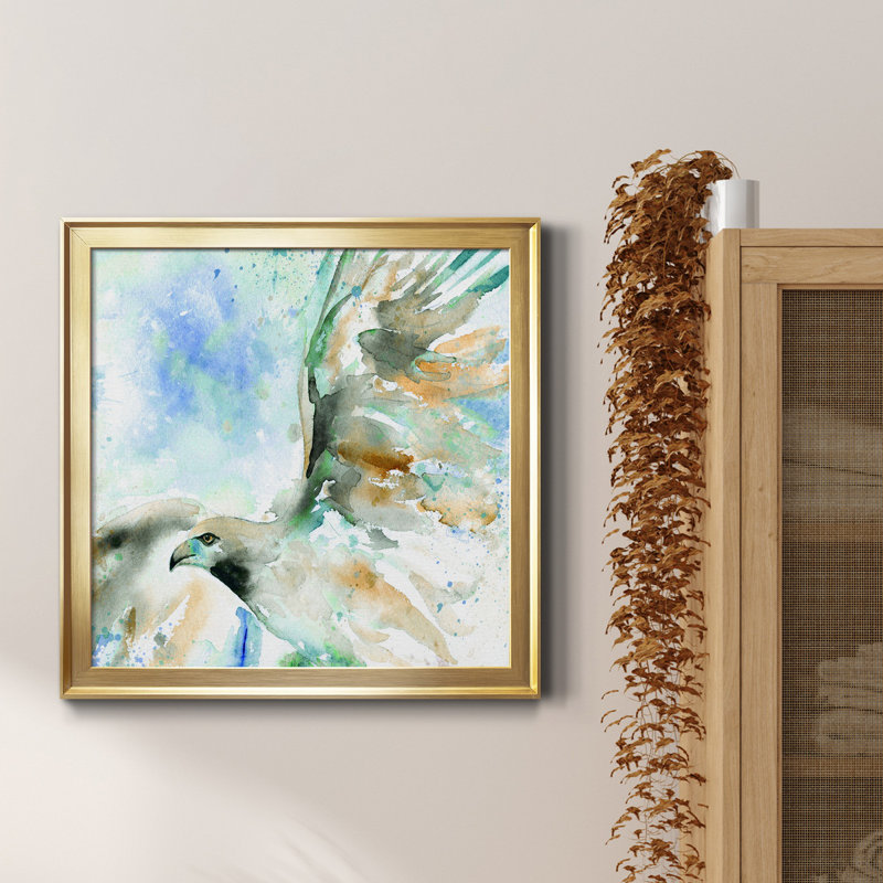 Hawk on Blue - Peinture sur toile encadrée, Or, H 26,5 po x l 26,5 po x P 1,5 po