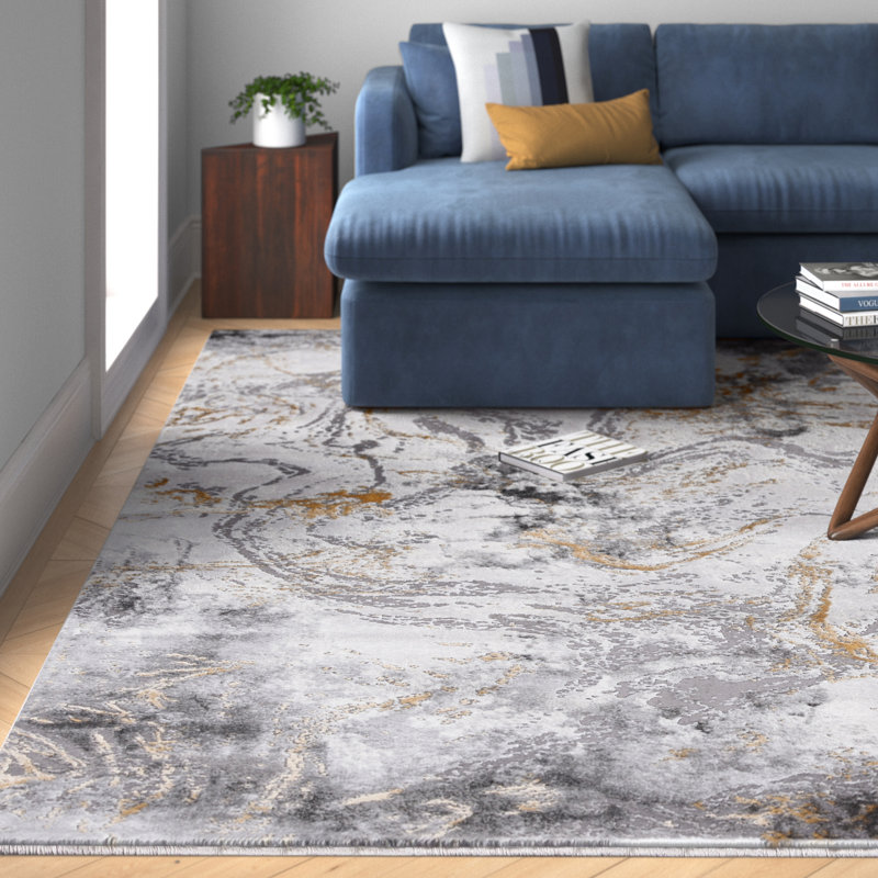 Tapis gris / doré à motif abstrait Prichard, Rectangle 6 pi 7 po x 9 pi