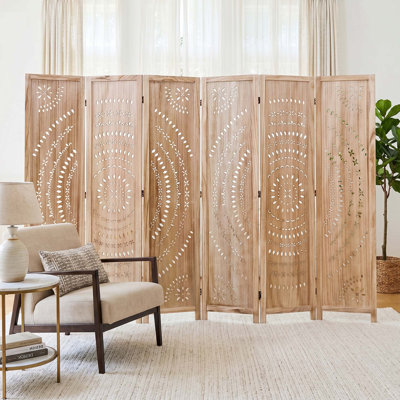 Sunflower Pattern Freestanding Room Divider – 6-Panel, Wood