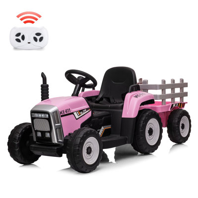 12V Kids Electric Ride-On Tractor with Trailer - 35W Motor - Remote Control - 2+1 Gear Shift - 7 LED Headlights - MP3/USB Player - EVA Tires - For Ages 3-6, Color: Light Pink, Power: 35W