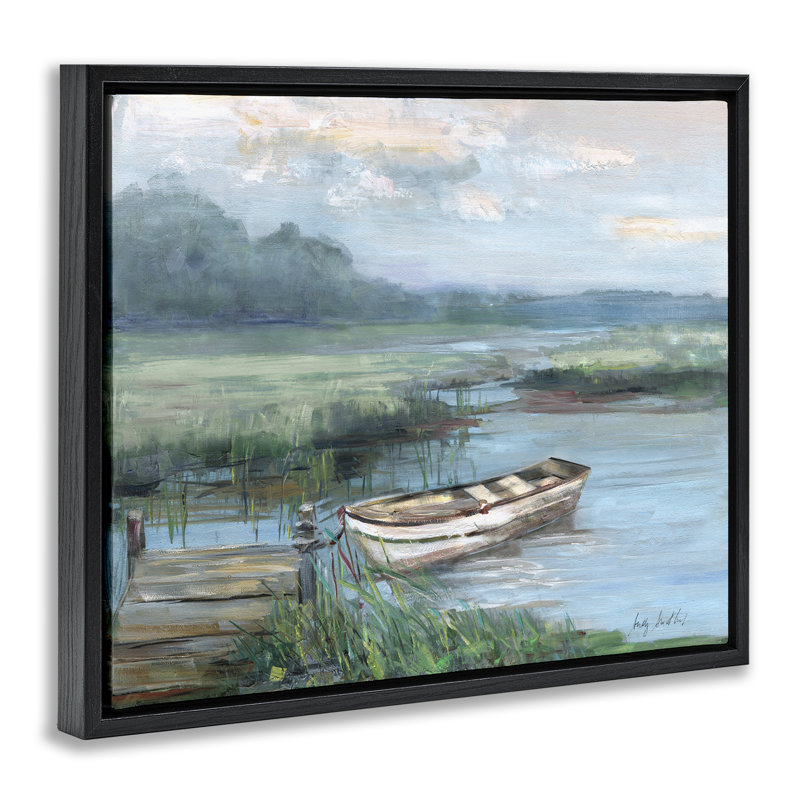 Barque amarrée au bord du lac, Cadre flottant noir de jais, H 17 po x l 21 po