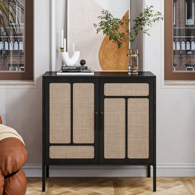 Benner Black Entryway  Accent Cabinet with Adjustable Shelves & Rattan Doors, Sideboard Buffet Cabinet