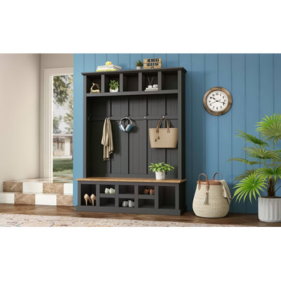 Farmhouse Wooden Style 78''H Modern Hall Tree with Wide Storage Seating Bench, Entryway Shoe Cabinet with 13 Compartments
