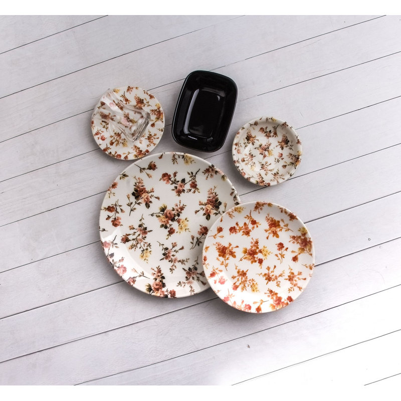Ensemble de petit déjeuner (25 pièces), Rouge / Crème, Floral