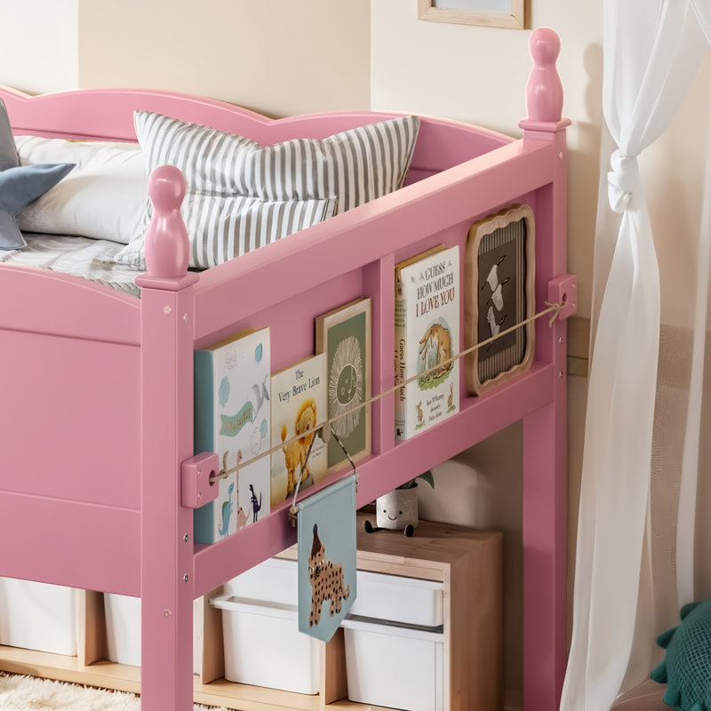 Lits mezzanine pleine grandeur avec tablette pour livres Safe, panneau de fibres à densité moyenne en bois de pin, chambre d'enfant rose moderne