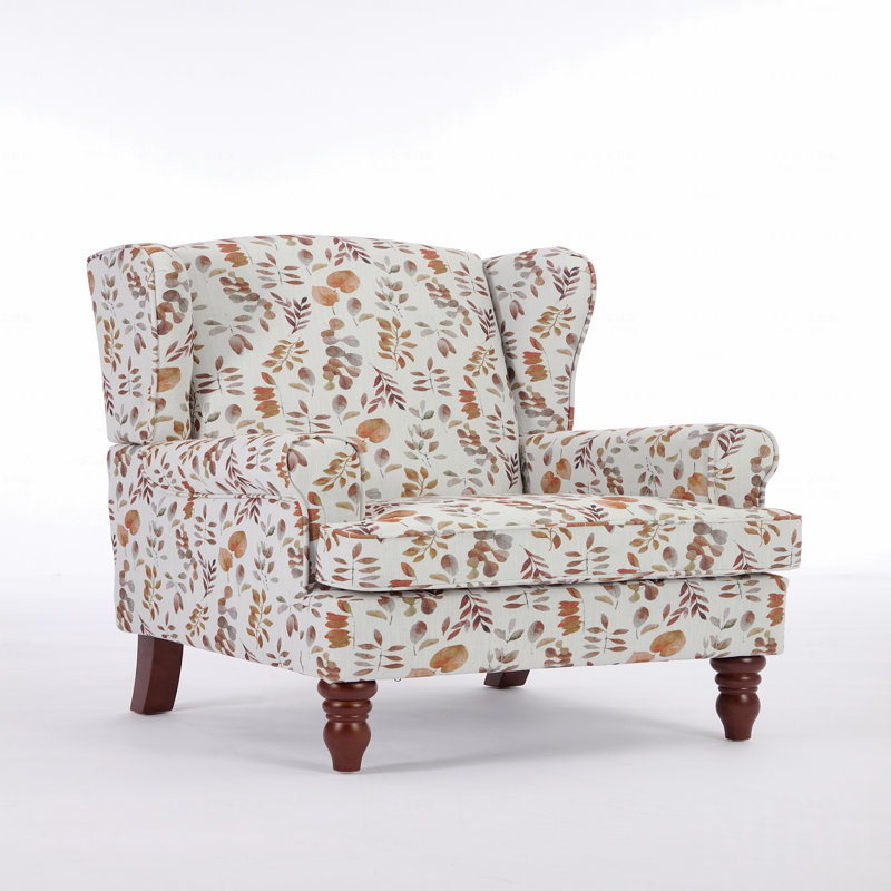 Modern Style Accent Chair With Retro Wood Legs, Comfy Fabric Upholstered Arm Accent Chair, Floral Design Single Sofa Accent Chair