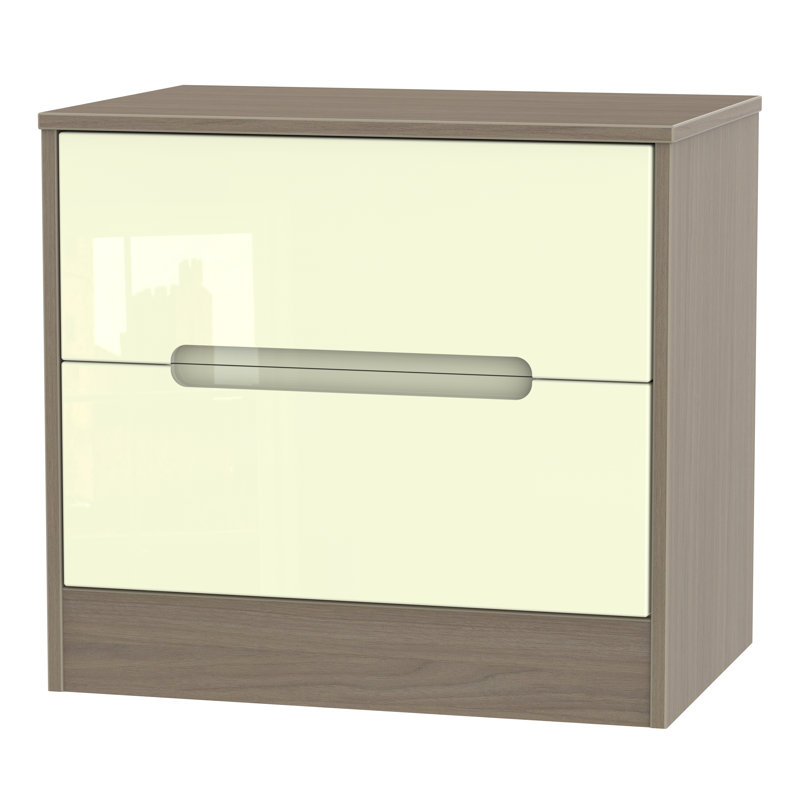Fully Assembled Vernon 2 Drawer Chest, Cream Gloss/Toronto Walnut