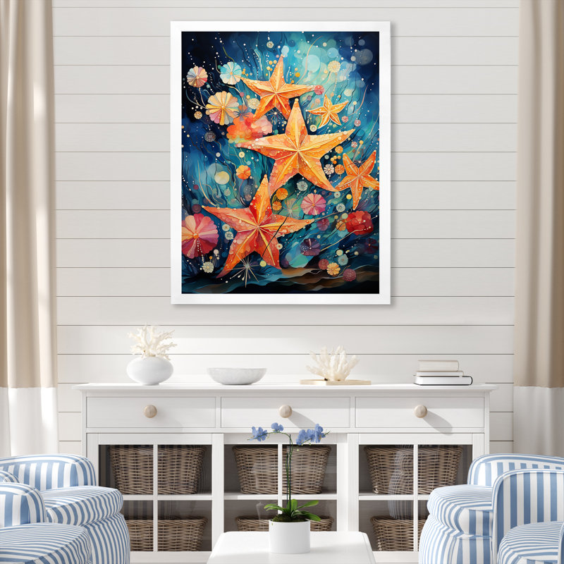 Étoile de mer bleue collage - art mural étoile de mer, Cadre simple blanc, H 20 po x l 12 po x P 1 po
