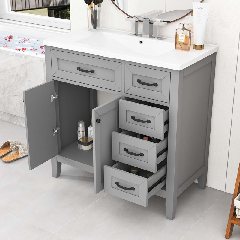 Ensemble de meuble-lavabo simple en bois avec plateau en céramique, meuble-lavabo et tiroirs de rangement Tinth, Gris