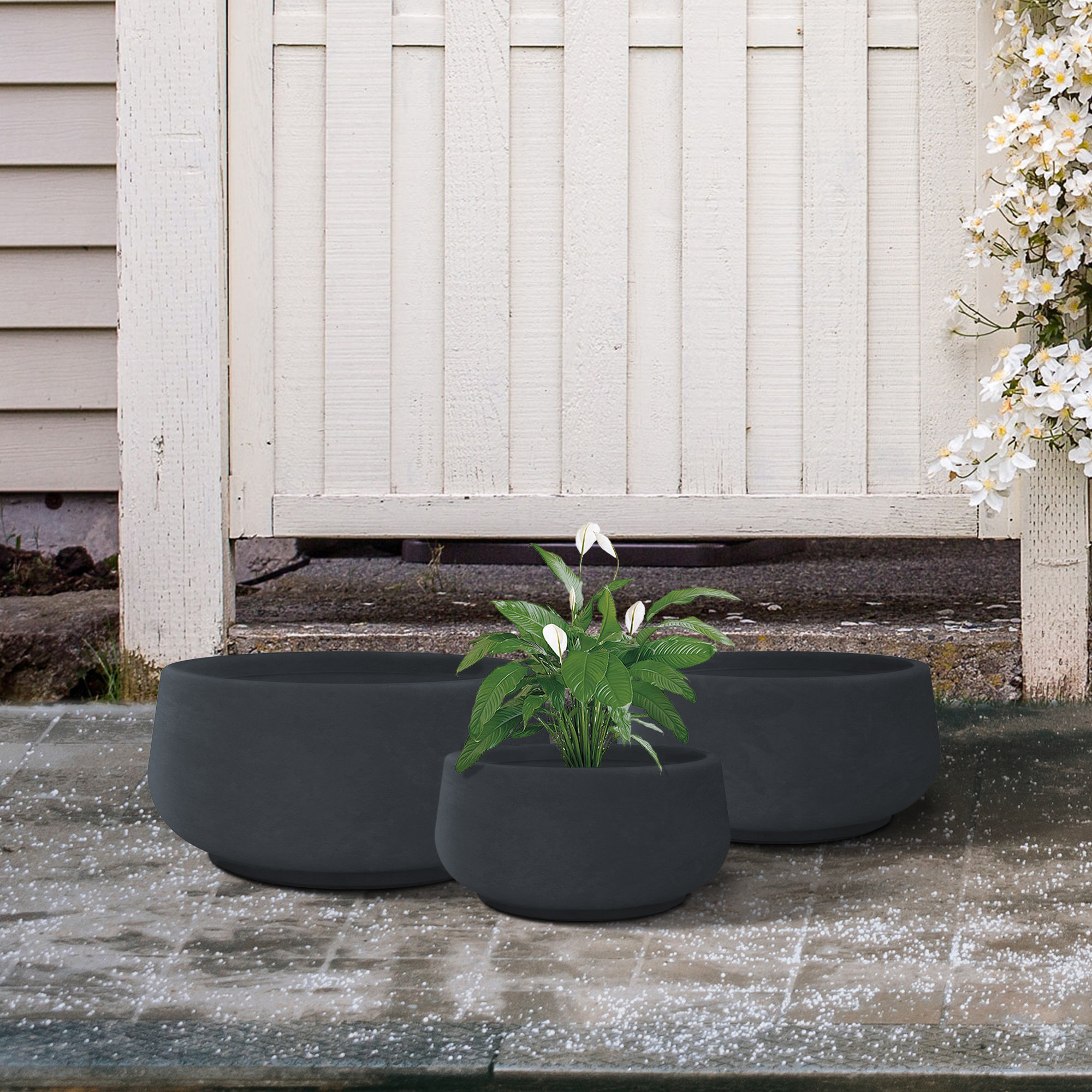 Kante Lot De 3 Grands Pots De Fleurs Ronds En Béton Pour Intérieur/extérieur Avec Trou De Drainage Et Bouchon En Caoutchouc Pour Jardin, Terrasse, Balcon, Maison, 50,5 Cm, 40 Cm, Gris Ardoise