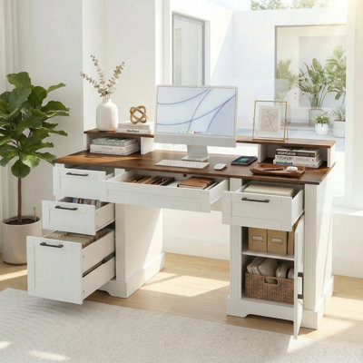 Bureau de ferme 59 po avec station de charge et armoire de rangement, bureau à domicile, bureau d'ordinateur avec porte de grange avec tiroir classeur et plateau à clavier pour bureau, salon, blanc
