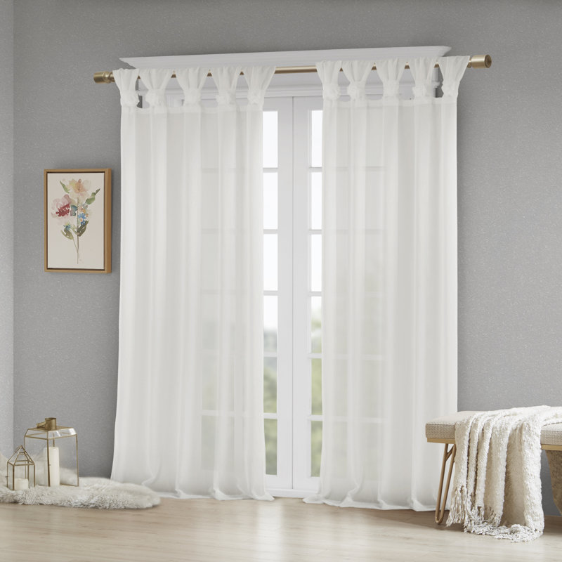 Rosette Floral Embellished Cuff Tab Top Solid Single Curtain Panel, 50"W x 95"L, White