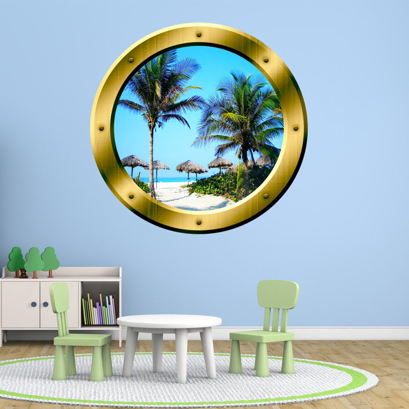 Décalcomanie murale scènes de hublot palm trees, H 14 po x l 14 po x P 0,01 po, Or