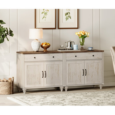Table de chevet Farmhouse avec 4 portes en bois, 2 tiroirs de rangement Mid-Century en bois, pour la chambre ou le salon