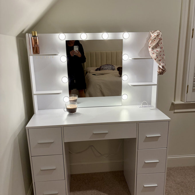 Latitude Run Camyla Makeup Vanity Table with LED Lighted Mirror, Power  Outlet, Drawers,Shelves,5 Jewelry Hooks & Reviews | Wayfair