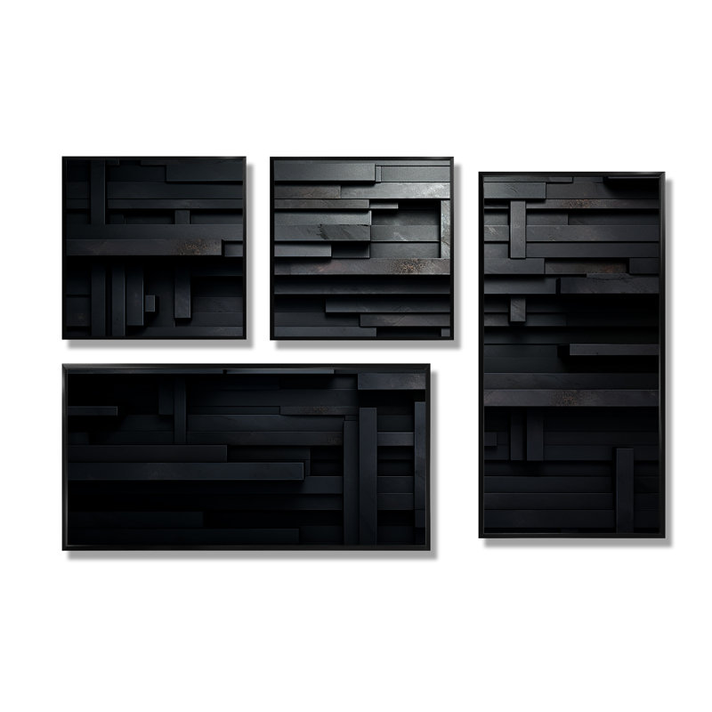 Cube de brique noire Dimensions V - art mural géométrique abstrait 4 pièces, Impression encadrée sans passe-partout, Noir