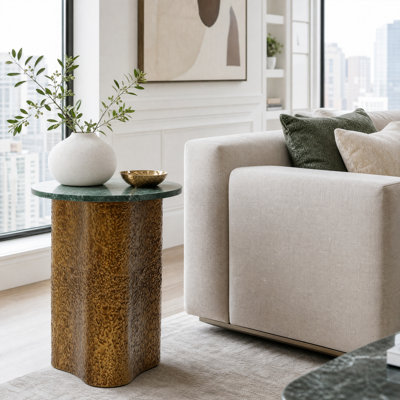 18.9" H Round End Table with Green Marble Top and Textured Gold Base