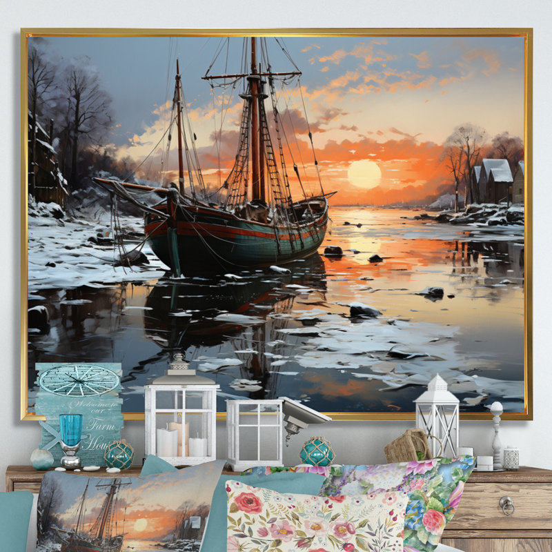 Winter Icy Harbor I, reproduction d'art sur toile, 34" H x 44" W, Cadre flottant doré