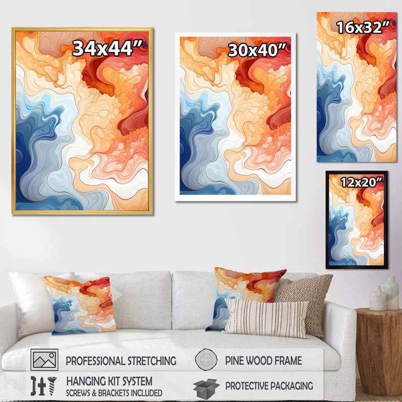Vagues d'aquarelle bleues, orange et rouges, Cadre simple argenté, H 32 po x l 24 po x P 1 po
