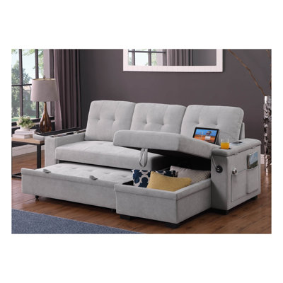 Ashlyn II 84" Reversible Sleeper Sectional Sofa with Storage Chaise, Cup Holders & USB Charging Ports, Gray Fabric