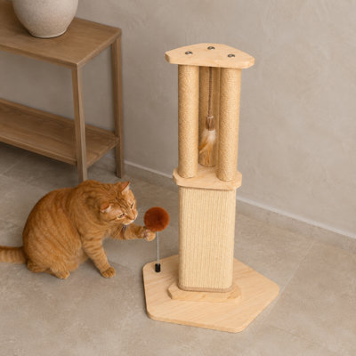 Grattoir en sisal naturel avec perchoir surélevé et teaser interactif, tour autoportante Lokey pour chats d'intérieur