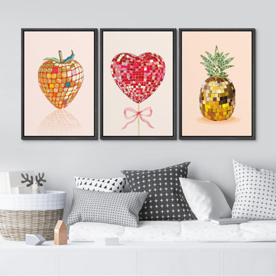 Vivid Disco Fruits Vibrant Strawberry Heart Pineapple Modern - Framed Canvas Wall Art Set 3 Print