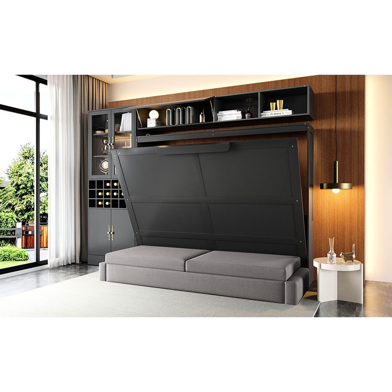 Grand lit gris avec tablettes, et solution d'économie d'espace pour les petits espaces faciles à utiliser et à plat