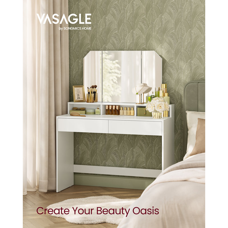 VASAGLE Vanity Desk, Vanity Table With Tri-Fold Mirror, Makeup Vanity, 2 Drawers And 3 Open Compartments, Dressing Table, Modern Style