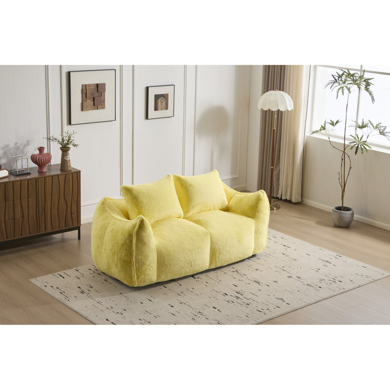 Fauteuil à billes jaune ultra doux pour adultes, surdimensionné avec coussins et conception ergonomique, sans assemblage, tissu en fausse fourrure, rembourrage déchiqueté haute résilience jaune, doux, surdimensionné, coussins, densité