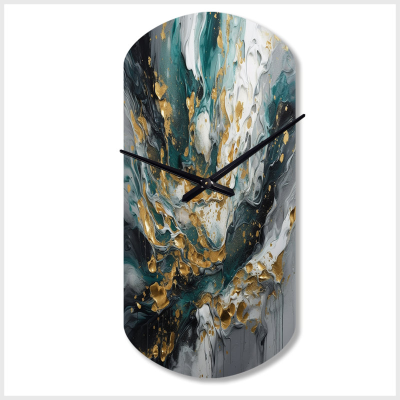 Or bleu sarcelle encre sur pierre - horloge murale cylindrique abstraite, horloge murale asymétrique moderne, Petit