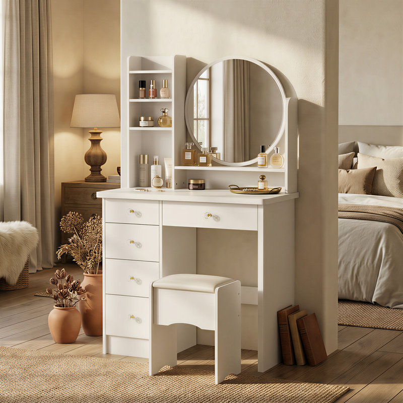 Ensemble de coiffeuse avec tabouret et miroir, Blanc