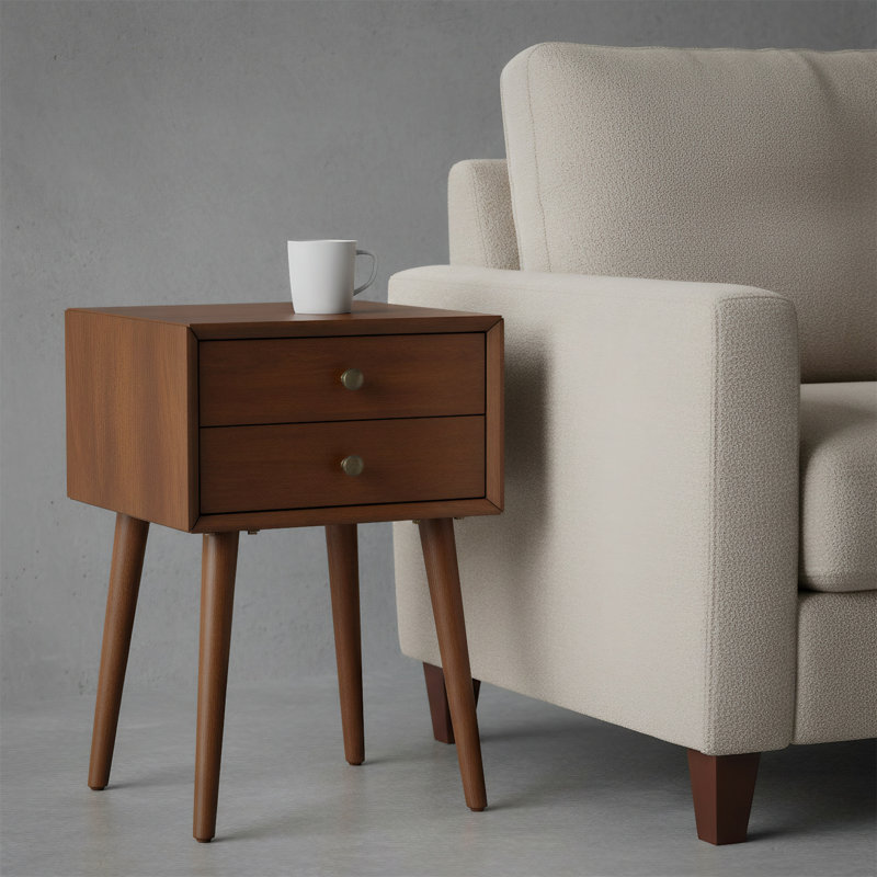 Bedside Table With Two Drawers, Storage-equipped Side Table, Walnut