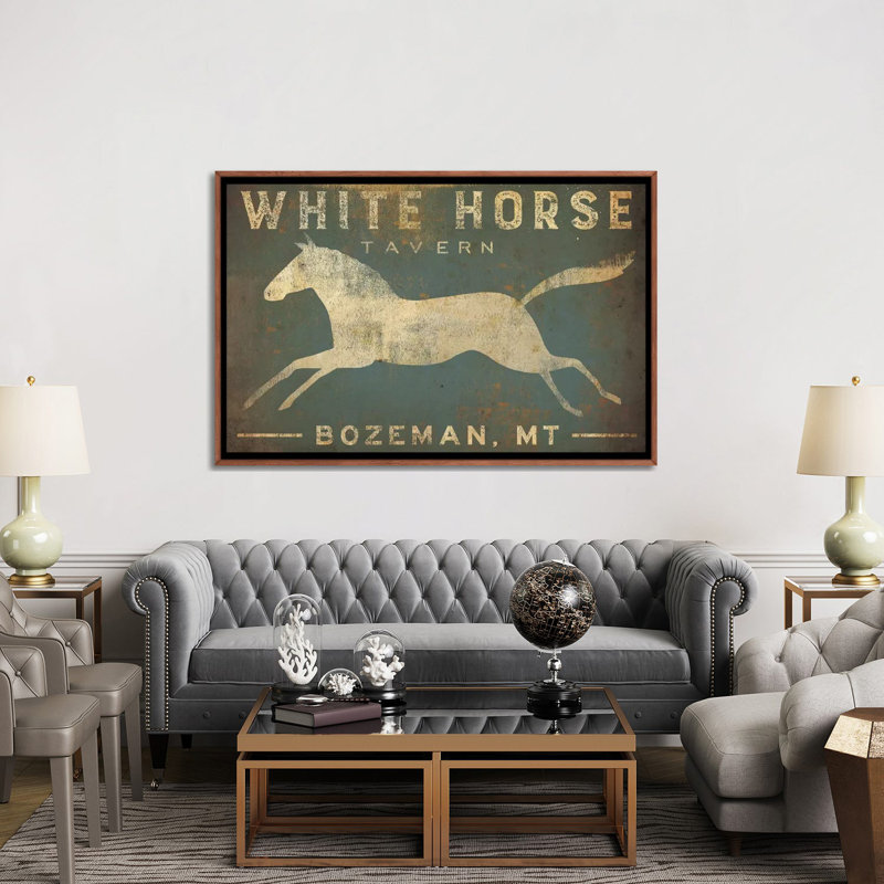 White Horse Tavern, art textuel sur toile tendue, H 26 po x l 40 po, Impression encadrée, Bois foncé rustique