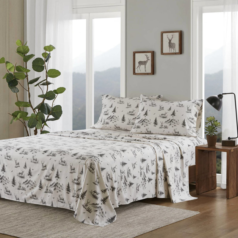 Ensemble de 4 draps en flanelle de cerf gris 100% coton pour lit double / double 12 po grand / très grand / très grand 14 po