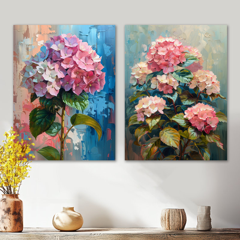 Hortensia rose et bleu qui fleurit en été II - ensemble de 2 impressions murales florales en métal, 32" H x 48" W