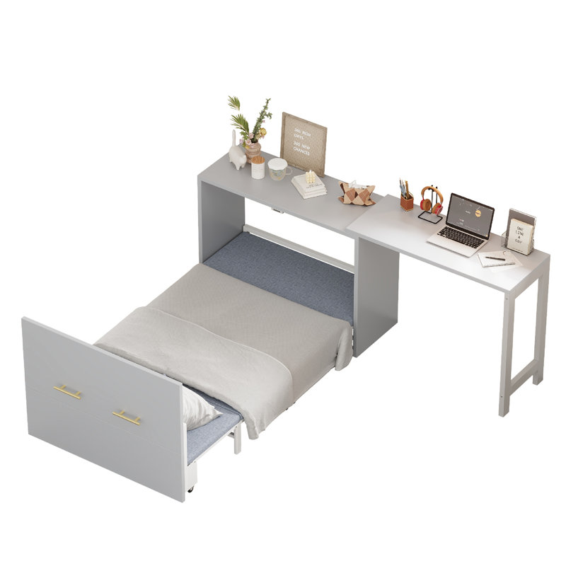 Lit simple gris avec bureau ajustable multi-directions et coussin pliable, convient aux espaces invités dans les petits appartements, facile à assembler et repositionnable, espaces de vie élégants, limite de poids de 500 lb