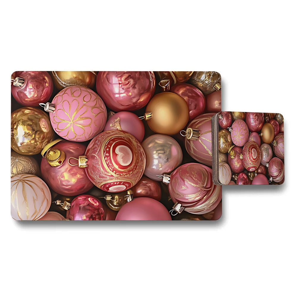 Pink Christmas Ornament Placemats And Coaster Set For Holiday Table
