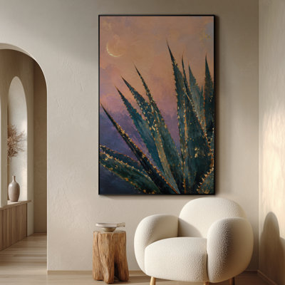 Très grande reproduction d'art sur toile - Coucher de soleil sur une scène botanique du désert avec des feuilles d'agave en forme de silhouette sur fond de lune rose et rouge vif et un horizon rêveur pour le salon ou la chambre à coucher - «Assemblage requis (cadre non fini)»
