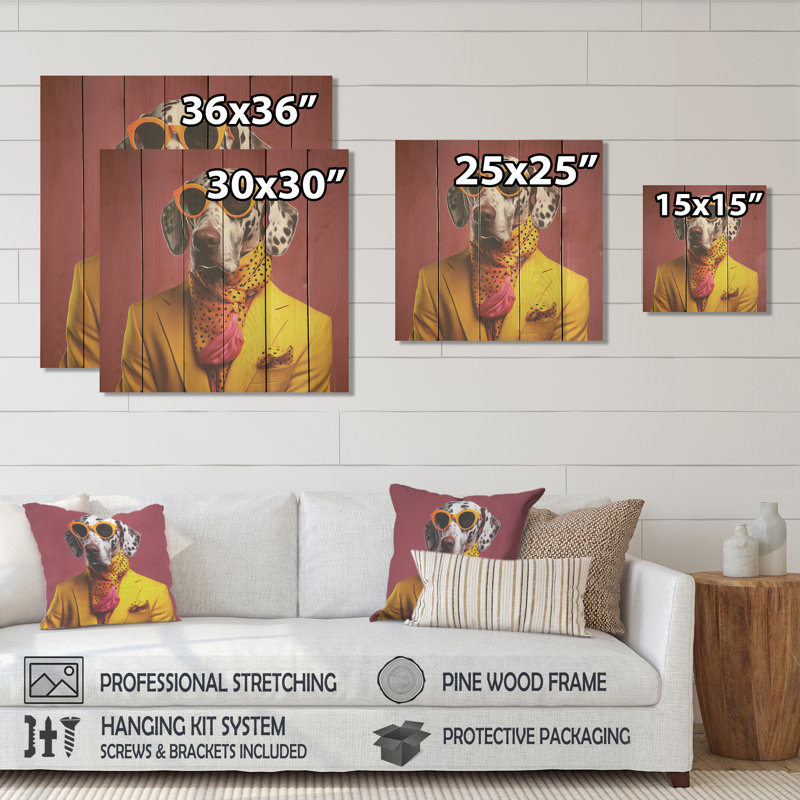 Jaune et orange, premier chien habillé - impression sur bois, H 15 po x l 15 po
