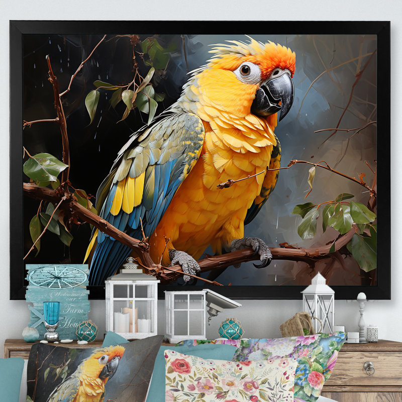Perroquet harmonie tropicale - décoration murale perroquet, H 34 po x l 44 po x P 1,5 po, Cadre photo noir simple