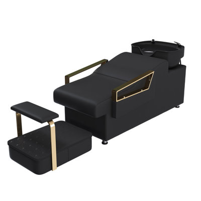 Ensemble de shampooing professionnel et fauteuil pour salon - évier en ABS avec repose-pieds réglable, station de lavage de cheveux ergonomique pour spa et salon de coiffure (noir + doré)