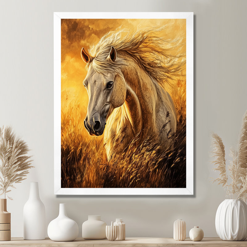 Golden Hour Golden Stallion - Tableau encadré, H 44 po x l 34 po, White Picture Framed