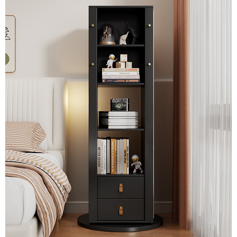 Rotating bookcase with mirror, (4 Shelves) 64.96" H x 21.65" W x 21.65" D, Black