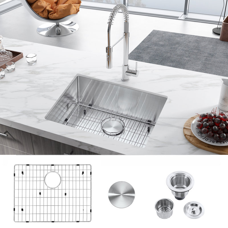 ATTOP 23 Inch Single Bowl Undermount Stainless Steel Kitchen Sink with Bottom Grid