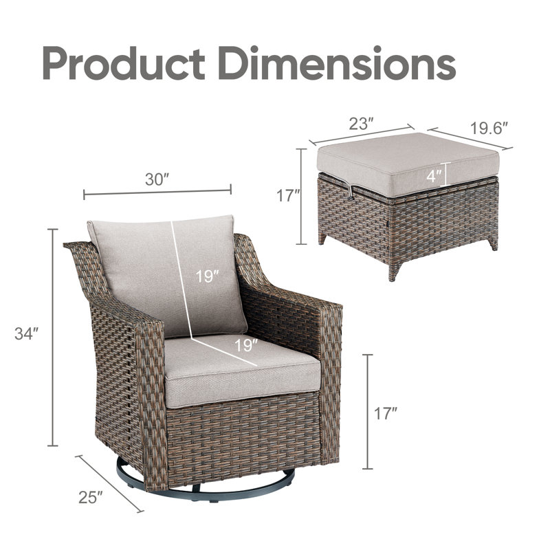 Chaises berçantes pivotantes en rotin avec coussins et repose-pieds Tya, Beige