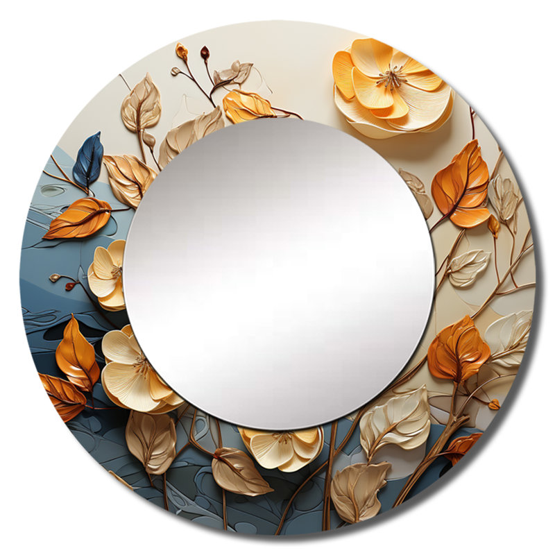 Ribaldo Gold And Orange Leaves In The Breeze - Leaves Wall Mirror, Gold Round Decorative Mirror, Printed Metal Art, 29" x 29"
